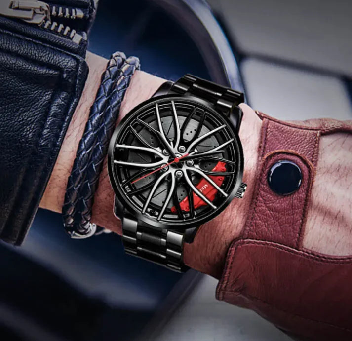 Relojes de automóvil para hombre, de acero inoxidable, reloj de pulsera de cuarzo japonés, relojes deportivos para hombre, con diseño de cubo de llanta de automóvil