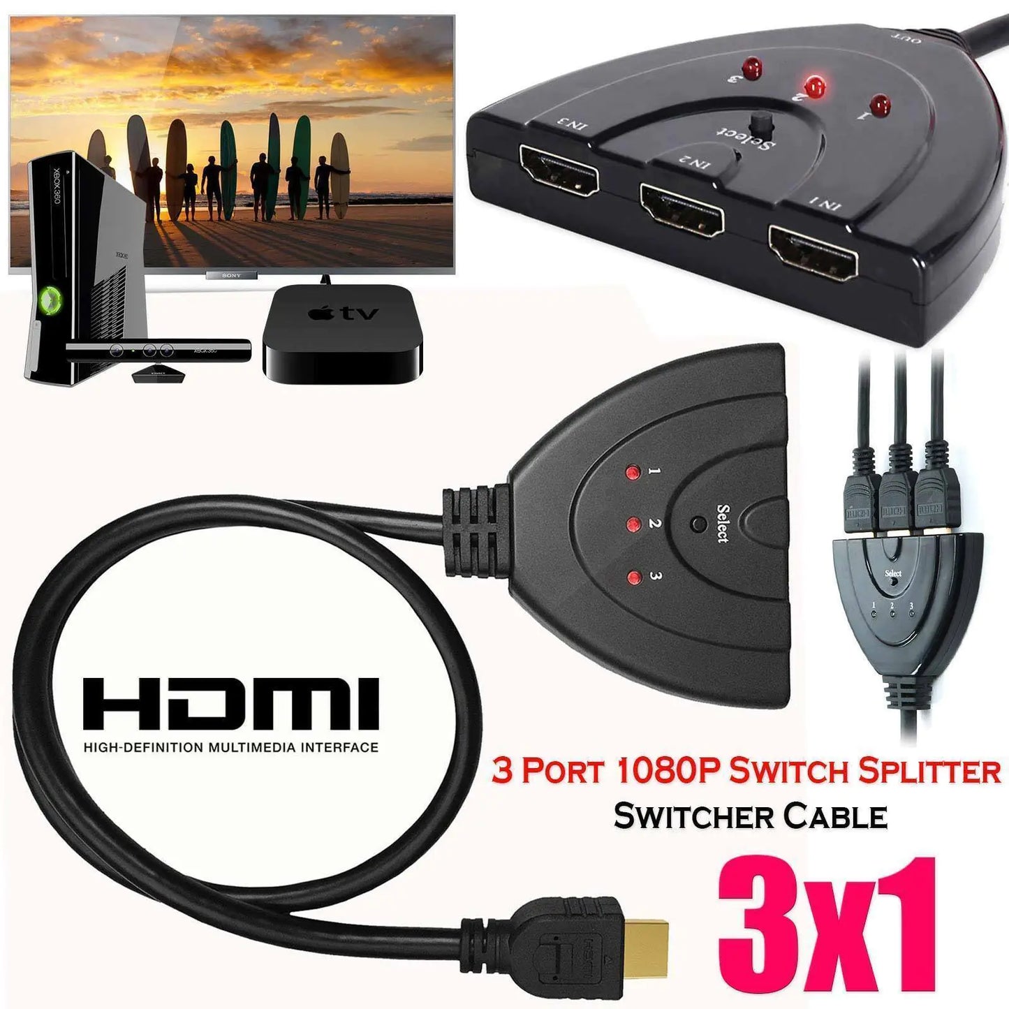 "Cable divisor HDMI de 3 puertos 1080/4K, conmutador HUB adaptador para HDTV, PS4, Xbox"